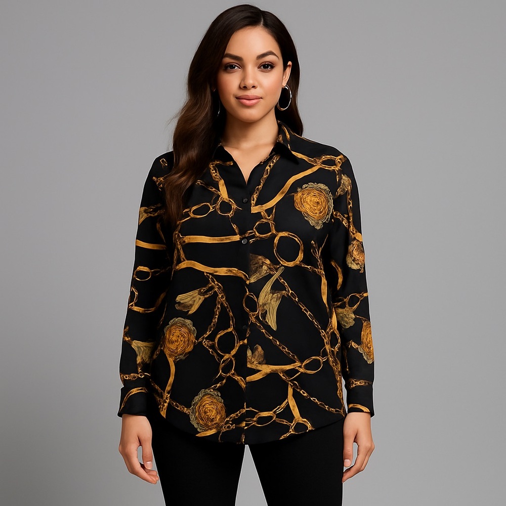 Elegant Black & Gold Baroque Chain Button-Down Blouse